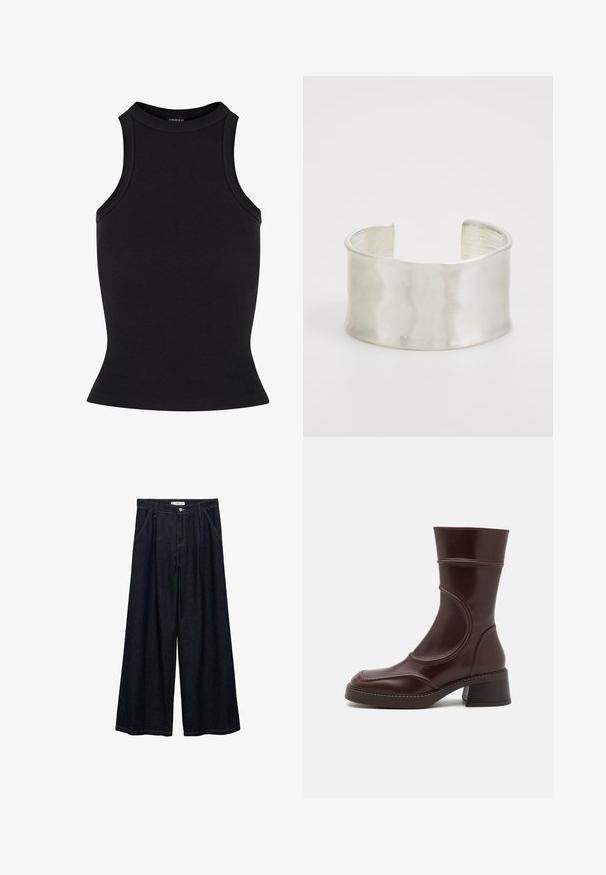 Schwarzes, geripptes Tanktop mit hohem Ausschnitt und figurbetonender Silhouette. Glatte Textur ohne sichtbare Verzierungen oder Muster.; Dunkelblaue, weite High-Waist-Hosen aus Denim mit einem Knopfverschluss vorne, zwei Seitentaschen und Nähdetails.; MIISTA MALENE - Stiefelette - brown; Zign Armband - silver-coloured