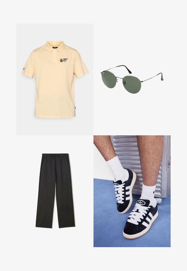 Polo de culoare galben deschis, cu mâneci scurte, un placket cu trei butoane și grafica brodată cu animale pe piept și pe mânecă.; Pantaloni negri cu talie elastică, șnur de strângere și buzunare laterale, având o croială lejeră și picioare drepte.; Adidași negri din suede cu șireturi albe și trei dungi albe. Au un logo circular negru pe limbă și o talpă din cauciuc de tip gumă.; Ochelari de soare cu ramă metalică, dotati cu lentile ovale verzi. Ramă subțire din metal argintiu și ușițe negre. Design minimalist, fără logo-uri vizibile.