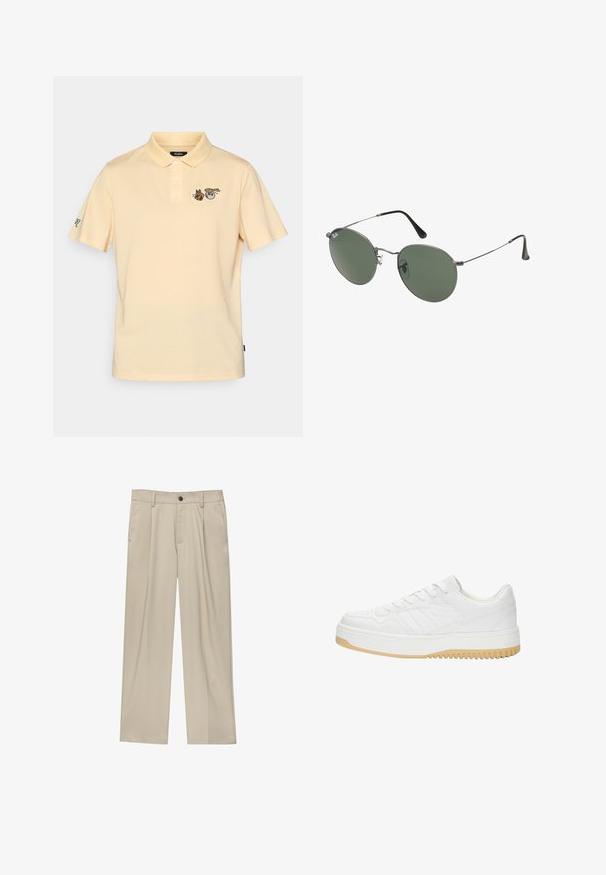 Polo shirt giallo chiaro con maniche corte, colletto a tre bottoni e grafiche di animali ricamate sul petto e sulla manica.; Pantaloni beige a taglio dritto, con un solo bottone nero, passanti per la cintura e tasche laterali. Tessuto dalla texture liscia e design minimale.; Sneaker bianco in pelle con finitura testurizzata, dotata di suola in gomma, design con lacci e sottili accenti a strisce sui lati.; Occhiali da sole con montatura in metallo e lenti verdi ovali. Montatura sottile in metallo argento e terminali neri. Design minimalista, senza loghi visibili.