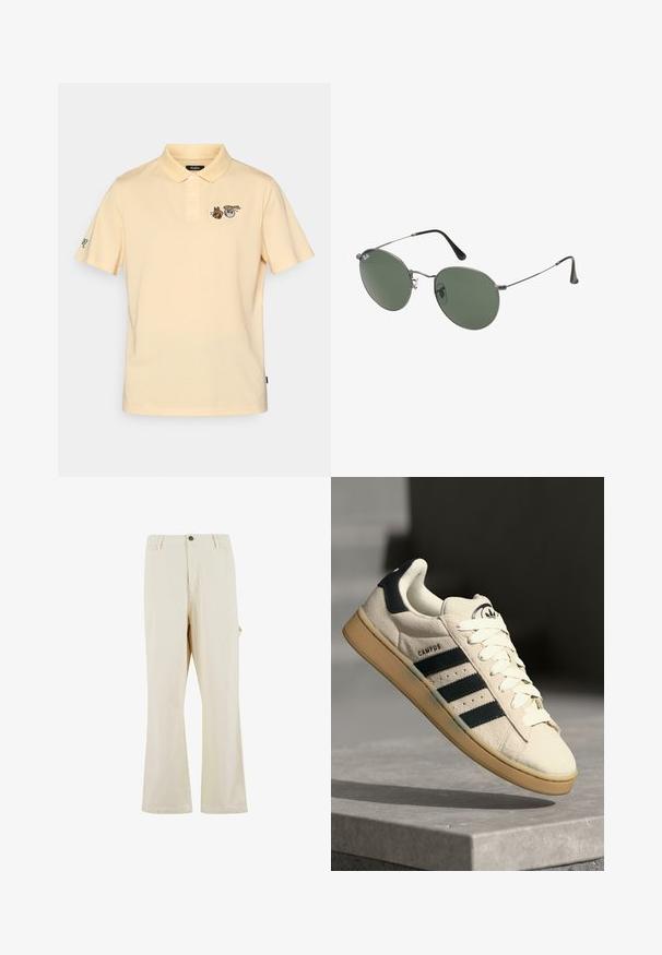 Lys gul poloshirt med korte ærmer, en tre-knaps knaplukning og broderede dyrefigurer på brystet og ærmet.; Beige, vide bukser lavet af en bomuldsblandingsstof med knaplukning. Har sidelommer og en subtil tekstur. Syningerne er synlige.; Beige ruskinds sneaker med tre mørkeblå striber, hvide snørebånd og en tan farvet gummisål. Har et logo på tungen og teksten "CAMPUS".; Metalrammede solbriller med ovale grønne linser. Tynd sølvmetalramme og sorte ørepropper. Minimalistisk design, ingen synlige logoer.