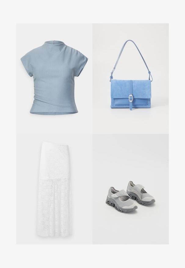 Top azzurro chiaro a maniche corte con colletto alto, design aderente, dettagli arricciati sulle spalle e zip nascosta sul retro.; Blusa bianca a maniche lunghe con scollatura a V, texture plissettata, dettagli gathered in vita e polsini elasticizzati. Etichetta del marchio visibile all'interno.; Gonna maxi bianca in pizzo con motivo floreale, dotata di vita aderente e parte inferiore semitrasparente e fluente. Materiale testurizzato.; Scarpe leggere grigie con tomaia in rete e suola intermedia ammortizzata. Presentano una fascia con chiusura a strappo e punta rotonda con design della suola perforato.; Borsa a tracolla blu in suede con base in pelle liscia, pattina pieghevole, dettaglio in fibbia argentata e lunga tracolla regolabile.; Collana con ciondolo a forma di cuore in argento, decorata con incisioni ornate, sospesa con una fine catena, caratterizzata da una finitura metallica lucida.