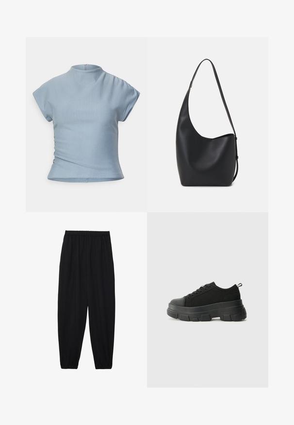 Világoskék, rövid ujjas felső, magas gallérral, testhezálló szabással, vállnál gyűrődő részletekkel és rejtett hátsó cipzárral.; Fekete, könnyű nadrág elasztikus derékkal és ráncolt bokákkal. Az anyag sima és laza, szűkített dizájnnal rendelkezik.; Fekete sportcipők vastag gumitalppal, texturált szövet felsőrésszel, kerek orral és fűzős kialakítással. Megerősített fűzőlyukakkal és hátsó húzófüllel rendelkezik.; Fekete bőr hobo táska sima textúrával, ívelt formával és egyetlen állítható pánttal; széles nyílás található a tetején.