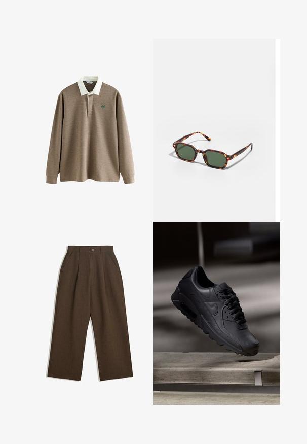 Langærmet polo skjorte i brun og creme houndstooth mønster med en hvid krave og et grønt logo på brystet. Blødt stof.; Kortærmet, mørkebrun skjorte lavet af tekstureret stof. Har en knaplukning foran og to brystlommer. Casual design med en afslappet pasform.; Brune, plisserede bukser med et vidde-design, der har en knaplukning og sidelommer, lavet af struktureret stof, der er egnet til afslappet brug.; Sorte Nike Air Max-sneakers med en struktureret læderoverdel, gummisål og fremtrædende snøresystem, der viser et slankt, moderne design.; Skildpaddefarvede solbriller med grønne linser, der har en oktagonal form og slanke, buede arme. Materialet har en blank finish.