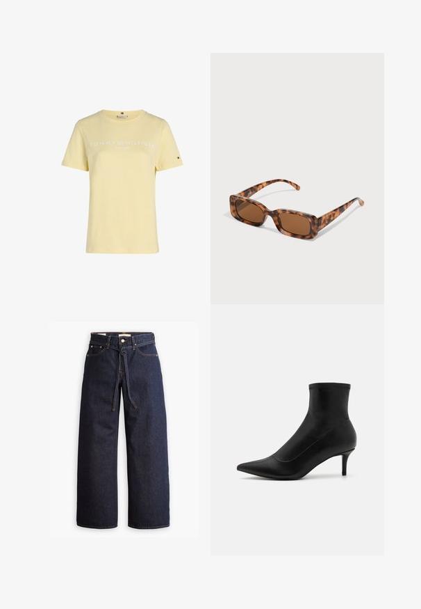 Tommy Hilfiger Curve LOGO - Nyomott mintás póló - lemon zest; Széles lábú, sötétkék farmernadrág magas derékkal, húzózsinórral, öt zsebbel és kontrasztos varrással.; Fekete bokacsizmák sima bőrből, hegyes orral és rövid, vékony sarokkal. Zökkenőmentes dizájnnal és finom varrási részletekkel rendelkezik.; Tarka mintás napszemüveg, téglalap alakú barna lencsékkel, vastag kerettel és vékony, különböző árnyalatú barna mintázattal ellátott szárakkal.