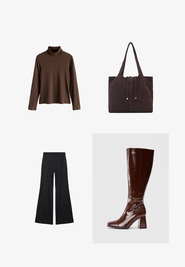Brown long-sleeve turtleneck top made of ribbed fabric; features a high, folded collar and a relaxed fit with straight hem.; Black wide-leg pants with a smooth texture, featuring front pleats and a tailored design. The fabric is lightweight and flowy.; Knee-high brown patent leather boots with a square toe, glossy finish, and a chunky heel for stability. Seamless design with no visible hardware.; Mango Tote bag - dark brown