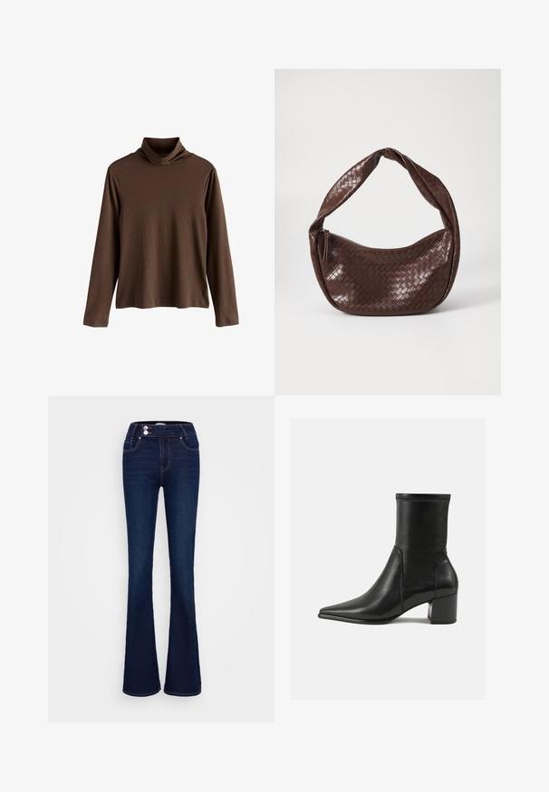 Pulover din bumbac maro, cu mânecă lungă și guler înalt, realizat dintr-un material cu textură în riburi; are un croi relaxat și o tivire dreaptă.; Jeanși evazați de culoare albastru închis, cu talie înaltă, două buzunare frontale și două închideri cu nasturi. Fabricati din denim cu o textura netedă.; Botină neagră până la gleznă, fabricată din piele netedă, cu vârf ascuțit, toc tip bloc și cusături proeminente distincte la marginea superioară.; Geantă din piele împletită, de culoare maronie, cu un mâner curbat, noduros și închidere cu fermoar. Textură netedă și formă rotundă.