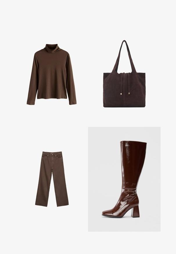 Braunes, langärmliges Turtleneck-Oberteil aus Rippstoff; zeichnet sich durch einen hohen, gefalteten Kragen und eine lockere Passform mit geradem Saum aus.; Weite braune Jeans aus Denim, mit hoher Taille, Fronttaschen und klassischem Knopfverschluss. Glatte Textur mit feinen Nähten.; Knöchelhohe braune Lacklederstiefel mit quadratischer Spitze, glänzender Oberfläche und stabilen Blockabsätzen. Nahtloses Design ohne sichtbare Beschläge.; Mango Shopping Bag - dark brown