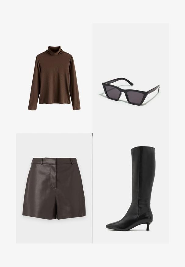 Ruskea pitkähihaisen turtleneck-toppi, joka on valmistettu ribbidusta kankaasta; siinä on korkea, laskostettu kaulus ja rento istuvuus suoran helman kanssa.; Ruskeat nahka-shortsit, joissa on sileä pinta, etusauma, vyölenkit ja kaksi sivutaskua. Suunniteltu istuvaksi siluetiksi.; Zign Saappaat - black; Mustat, kulmikkaat aurinkolasit harmailla linsseillä; valmistettu muovista, paksuilla varsilla, joissa on sileä pinta ja ilman näkyvää metalliosaa.; Ruskea nahkalaukku, jossa on kaksi tukevasti kantavaa kahvaa, suorakaiteen muotoinen, sileä pinta ja vetoketjukiinnitys. Minimalistinen muotoilu ilman näkyviä kuvioita.