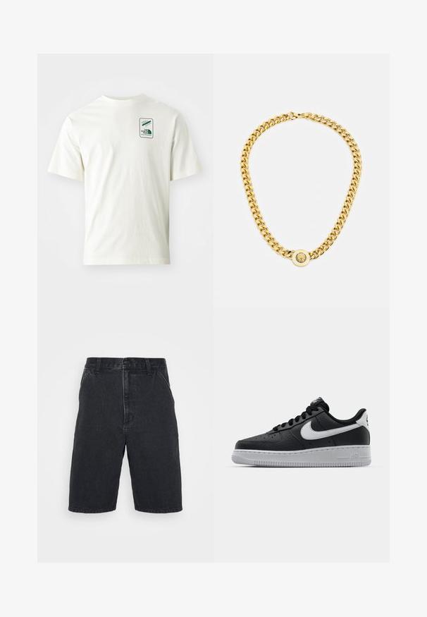Witte katoen t-shirt met korte mouwen, voorzien van een groen logo-label aan de bovenste linkerkant. De stof heeft een soepele, zachte textuur.; Zwarte denim shorts met een rechte snit, voorzien van een knoopsluiting en twee zijzakken. Onvolledige zoom met subtiele vervagingdetails.; Zwarte lederen sneaker met een textuur oppervlak, witte Nike swoosh, grijze zool, ronde neus en vetersluiting. Bevat perforaties op de neus.; Gouden ketting met grote onderling verbonden schakels, met een ronde hanger in het midden met een verhoogd embleem.