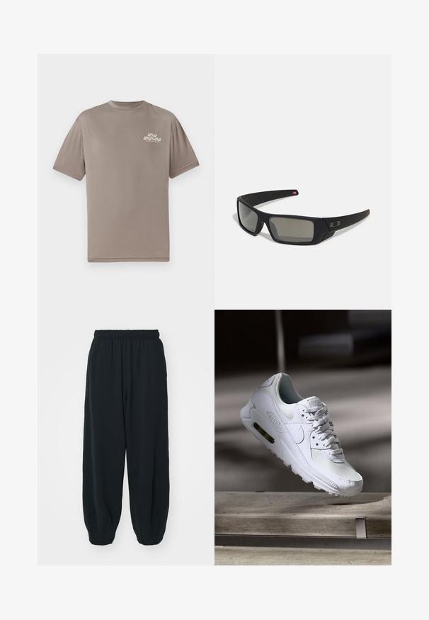 Brūns īsām piedurknēm t-krekls, kas izgatavots no gludas auduma. Uz kreisā krūšu apgabala ir neliels balts drukāts logos, un tam ir apaļa kakla izgriezuma forma.; Melnas sporta bikses ar elastīgu jostasvietu, brīvu piegriezumu, aprocēm ap potītēm, gludu tekstūru, un bez redzamām rakstu vai aparatūras akcentiem.; Baltas Nike Air Max 90 sporta apavi ar sietu un ādas augšdaļu, caurspīdīgu pirksta daļu un redzamu gaisa vienību papēdī.; Melni saulesbrilles ar matētu apdari, taisnstūra lēcām, nedaudz izliektiem tempļiem, smalkiem logotipa elementiem un dūmu nokrāsas lēcām.