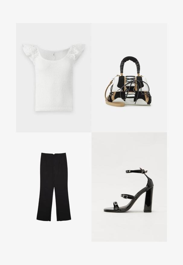 Top bianco con un design arricciato, scollo ampio e maniche corte a volant simili a pizzo, con una superficie testurizzata.; Pantaloni neri a gamba dritta, con tasche frontali e spacchi laterali all'orlo. Realizzati in tessuto morbido e liscio. Adatti a diverse occasioni.; Sandali con tacco in vernice nera, con punta squadrata, cinturini alla caviglia e fibbie in argento. Presentano un tacco a blocco spesso per maggiore stabilità.; Borsa multicolore con rete nera, bianca e beige. Presenta un manico testurizzato, un design con lacci e una tracolla rimovibile.