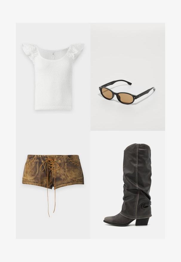 Valge topp, millel on smockimisdisain, lai kaelus ja lühikesed, pitsilised volangvarrukad, mille pinnal on tekstuur.; Pruunid pitsitavad lühikesed püksid tekstuurse pinnaga ja kontrastsete tan värvi paeltega. Omab silmadega detaile ja sobivat disaini, mis tagab mugava istuvuse.; Hallid hall nahk-saapad, mis ulatuvad säärtesse ja millel on lohkuv disain, terav nina ja kihiline konts. Tähelepanuväärne õmblemise detail varvaste piirkonnas.; Mustad mustangad ovaalsetega raamiga, pruunide toonidega läätsed ja hõbedased aksessuaarid raamidel. Sile tekstuur ja sujuv disain.; Musta käärmeprindiga kott kõveraga käepidemega. Valmistatud tekstiilsetest, beežidest ja pruunidest materjalidest, millel on iseloomulik rombikujuline muster.