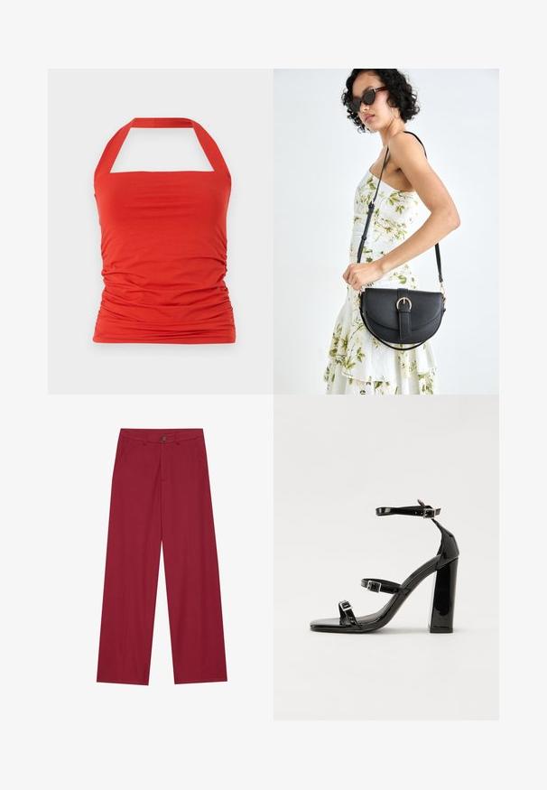Červený halter top vyrobený z mäkkej, elastickej látky s riasením po stranách. Má štvorcový výstrih a halter ramienka.; Široké nohavice vyrobené z hladkej, textúrovanej látky v hlbokej červenej farbe. Obsahujú predné vrecká a jediné uzatváranie na gombík v oblasti pása.; Čierne lakované sandále na podpätku so štvorcovou špičkou, navlečenými remienkami okolo členku a striebornými prackami. Disponujú masívnym blokovým podpätkom pre stabilitu.; Čierna kožená kabelka s zaobleným tvarom, odnímateľným popruhom a zlatými doplnkami. Kabelka má klopu s detailom s prackou.