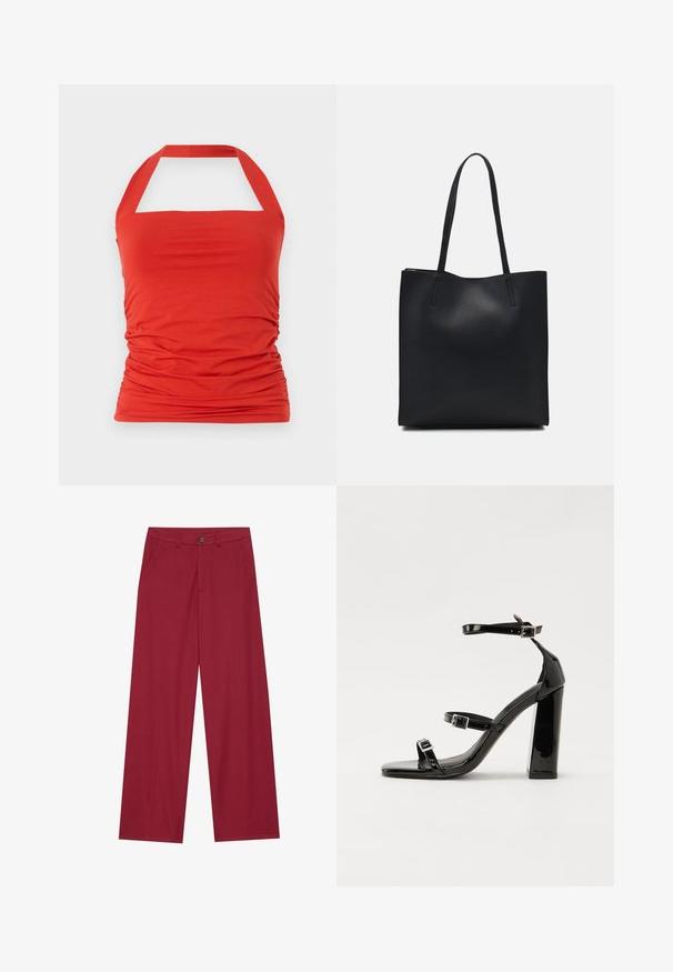 Haut halter rouge en tissu doux et extensible avec des détails froncés sur les côtés. Présente un décolleté carré et des bretelles halter.; Pantalons larges en tissu lisse et texturé de couleur rouge profond. Comprend des poches avant et une fermeture à un bouton à la taille.; Sandales à talons vernies noires avec un bout carré, des sangles autour de la cheville et des boucles en argent. Dotées d'un talon bloc épais pour plus de stabilité.; Sac fourre-tout en cuir noir avec une texture lisse, de forme rectangulaire et deux longues poignées. Pas de matériel ou d'ornementations visibles.