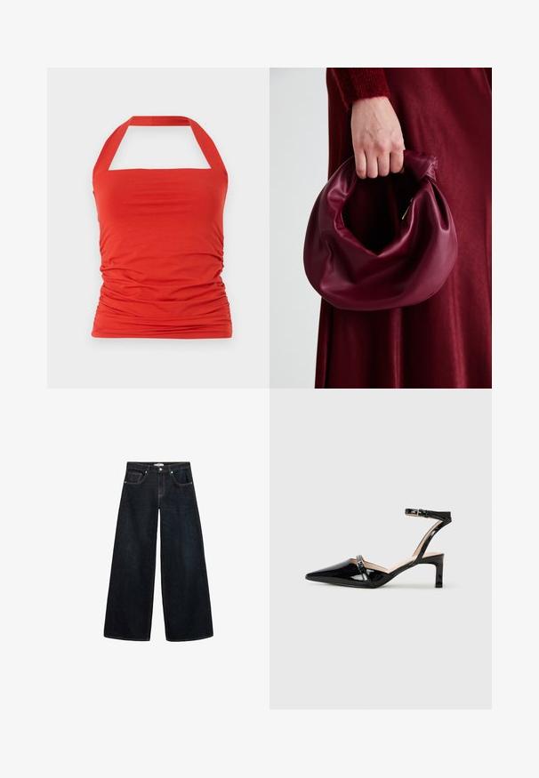 Röd halter-top i ett mjukt, stretchigt tyg med rynkade detaljer på sidorna. Har en fyrkantig dekolltage och halterband.; Breda jeans i mörk denim med hög midja, med kontrasterande sömmar, framfickor och en minimalistisk design.; Svarta lackläder slingback-klackar med spetsig tå, ankelrem och en liten klack, med subtila remdetaljer.; Burgundy läderhandväska med en mjuk, samlad design och rundad form. Handtaget är säkrat och visar en slät yta.