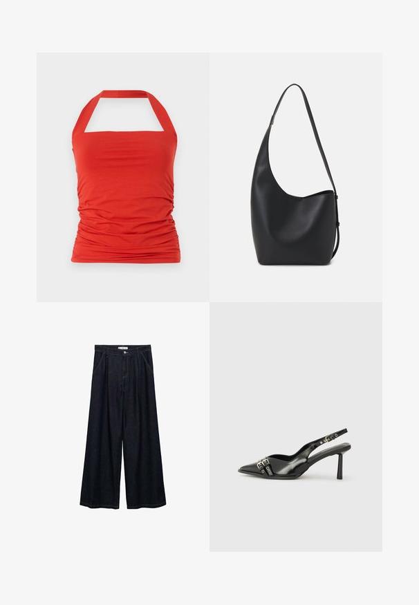 Red halter top in a soft, stretchy fabric with gathered detailing on the sides. Features a square neckline and halter straps.; Dark denim wide-leg trousers with a high waist, featuring a front button closure, two side pockets, and stitching details.; Black patent leather slingback shoe with pointed toe, ankle straps featuring silver buckles and hardware, and a slender heel.; Black leather hobo bag with a smooth texture, curved shape, and single adjustable strap; features a wide opening at the top.