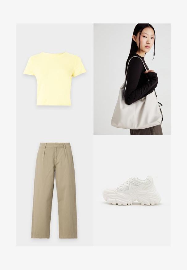 Lühikese varrukaga, lühikeses lõikes t-särk heledast kollasest puuvillast, millel on klassikaline ümmargune kaelus ja sile tekstuur, sobib igapäevaseks kandmiseks.; Beige, laiad jalad, mis on valmistatud puuvillast, keskmise tõusuga vöökoht, ees voldid ja sirged servad. Sile tekstuur, ilma mustriteta.; Valged jämedad sneakers, millel on tekstureeritud ülemine osa, võrgusilma paneelid ja paksud kummist tallad, millel on silmapaistev mustrimuster. Paelad ja tõmbeosa on kaasa arvatud.; Bež käekott pehme materjali, millel on lõtv disain, õmblustega detailid ja kaks õlarihma. Sobib igapäevaseks kasutamiseks.