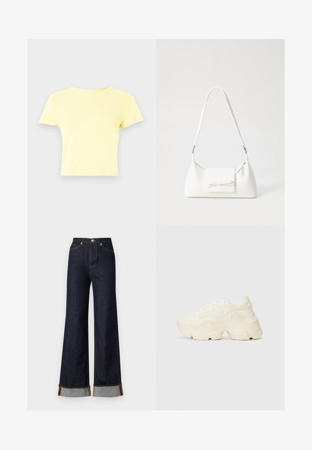 T-shirt à manches courtes, court, en coton jaune clair, avec un col rond classique et une texture lisse, idéal pour une tenue décontractée.; Vero Moda VMTESSA WIDE FOLD UP - Wide Leg - dark blue denim; Baskets blanches chunky en maille texturée et matériaux synthétiques, avec une semelle épaisse et des détails en motif complexes sur les côtés.; Sac à main synthétique blanc en forme triangulaire, avec un rabat avant plat et un détail en nœud, une bandoulière ajustable, une texture lisse et un design minimaliste.