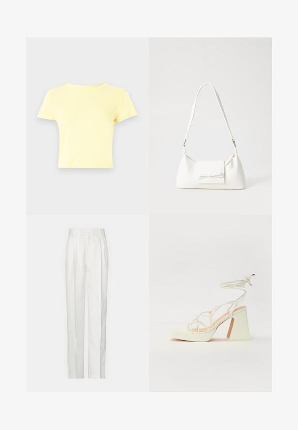 T-shirt à manches courtes, court, en coton jaune clair, avec un col rond classique et une texture lisse, idéal pour une tenue décontractée.; Pantalons blancs à rayures fines avec une coupe droite, fabriqués dans un tissu léger. Comprennent des plis à l'avant et une taille traditionnelle.; Sandale blanche à talons hauts avec un talon épais, présentant un design à lanières et un lien autour de la cheville. Texture lisse avec une plateforme à l'avant pour une hauteur supplémentaire.; Sac à main synthétique blanc en forme triangulaire, avec un rabat avant plat et un détail en nœud, une bandoulière ajustable, une texture lisse et un design minimaliste.