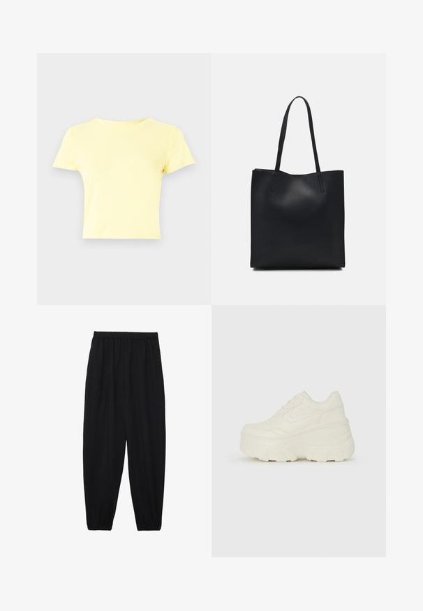 Short-sleeve, cropped t-shirt in light yellow cotton, featuring a classic crew neck and smooth texture, suitable for casual wear.; Black, lightweight pants with an elastic waistband and gathered ankles. The fabric is smooth and features a relaxed, tapered design.; White platform sneakers featuring a smooth leather-like upper, rounded shape, padded collar, and textured rubber sole with defined treads.; Black leather tote bag with smooth texture, rectangular shape, and two long handles. No visible hardware or embellishments.