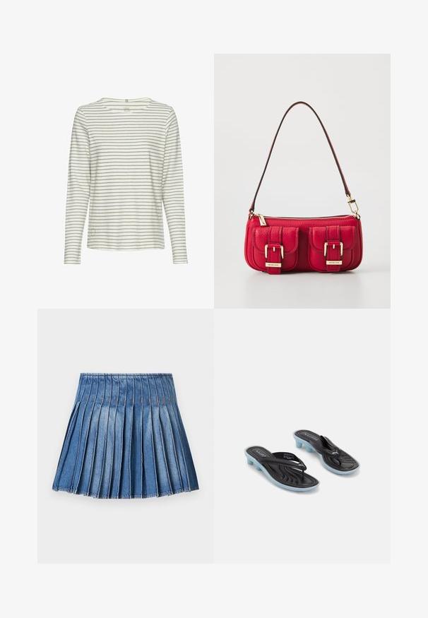 Langærmet top i lys grå med tynde, mørkere grå striber. Blød tekstur og rund halsudskæring. Har et lille logo på siden.; Denim plisseret nederdel med en tætsiddende talje, der har lodrette pliser i en mellemblå farve og kontrasterende syninger.; Sorte og blå Puma slide sandaler med lave blokhæle og toe straps på en hvid baggrund.; Rød læder taske med to frontlommer, gyldent hardware og lynlås lukning. Har en buet skulderrem og struktureret overflade.