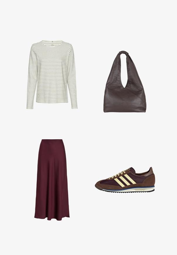 Lange mouw top in lichtgrijs met dunne, donkergrijze strepen. Zachte textuur en ronde halslijn. Heeft een klein logo aan de zijkant.; Bordeaux satijnen maxi rok met een zachte textuur, hoge taille en een vloeiende silhouet die zachtjes uitloopt naar de zoom.; Bruine en bordeauxkleurige sneaker van suede en mesh materiaal, met drie crèmekleurige strepen, een gemêleerd stof op de tong en een rubberen zool.; Bruine leren tas met een slappe, oversized uitstraling. Beschikt over een lusvormige handgreep en een diepe V-vormige opening voor gemakkelijke toegang. Zachte textuur, minimalistische stijl.