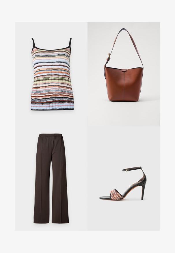 Vícebarevný top s horizontálními pruhy v oranžové, modré, zelené a černé barvě. Vyroben z lehkého materiálu s tenkými ramínky.; Široké kalhoty z tmavě hnědé tkaniny s elastickým pasem, charakterizované hladkým povrchem a čistými liniemi pro dobře padnoucí vzhled.; Černé sandály na podpatku s páskem kolem kotníku. Mají texturovaný, vícebarevný pruh látky přes prsty. Hladký kožený povrch.; Hnědá kožená taška přes rameno s zakřiveným tvarem, hladkou texturou a jedním tenkým popruhem. Obsahuje jemný šev a malý detail loga.