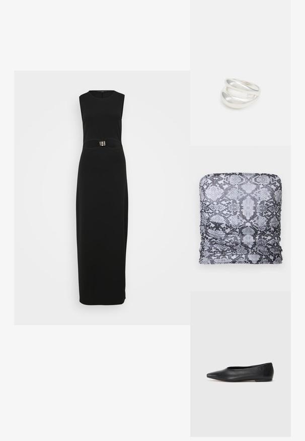 ONLY ONLAMY TUBE - Top - white; Črna brezrokavna maksi obleka z opredeljenim silhuetom, gladko teksturo in značilnim zaponko na pasu.; Črne usnjene balerinke, koničast toe, minimalističen dizajn, gladka tekstura, nizka peta, brez vidnih kovinskih delov ali okraskov.; Črna usnjena torba čez ramo z gladko teksturo, pravokotno obliko in kovinskim verižnim detajlom spredaj. Vključena je nastavljiva naramnica.; Srebrn dvojni prstan z gladko, polirano površino. Ima tekoč, ukrivljen dizajn z prekrivajočimi se sekcijami za sodoben videz.