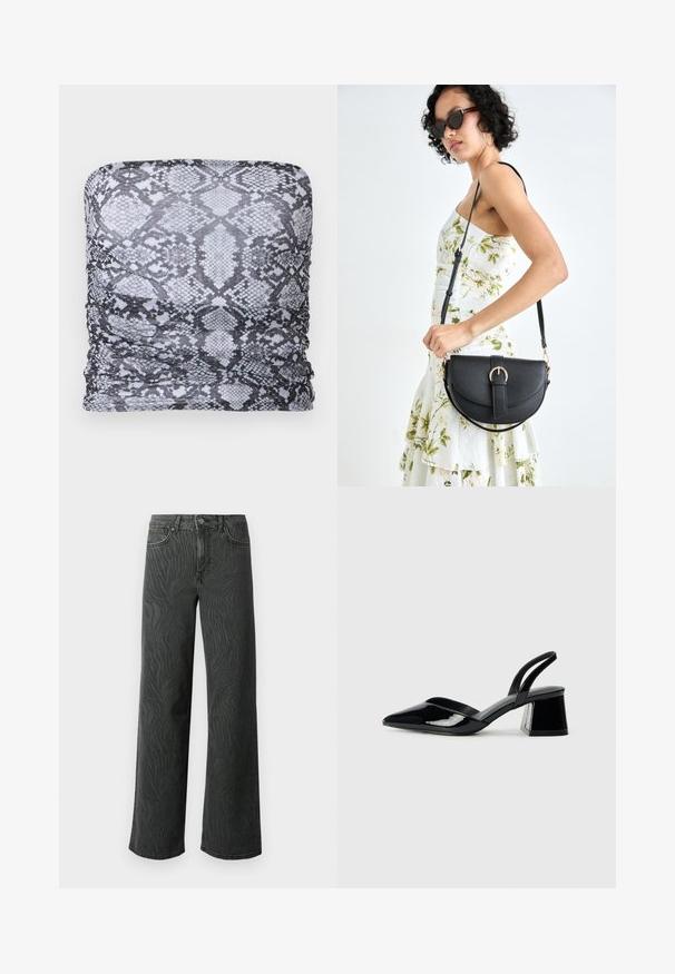 ONLY ONLAMY TUBE - Topper - white; Vide ben jeans i mørkegrå denim, med en subtil zebra-mønster tekstur, kontrast søm, og fem lommer med knappestol. ; Svarte patentlær slingback hæler med spiss tå og geometrisk blokk hæl. Har et stilrent, minimalistisk design og jevn tekstur.; Svart lærveske med en buet form, avtagbar stropp og gullbeslag. Vesken har et klaff med spenne-detall.