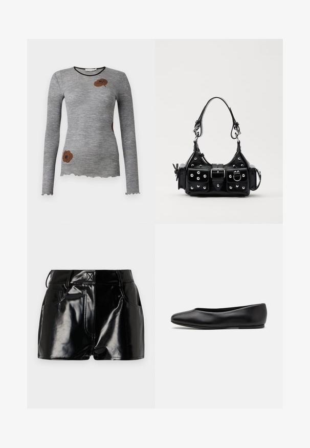 Graues, geripptes Langarmoberteil mit rundem Ausschnitt und gewelltem Saum, das ein braunes florales Design auf der Vorderseite aufweist.; Schwarze, glänzende Shorts aus synthetischem Material. Mit einem taillierten Bund, Gürtelschlaufen und vorderen Taschen mit auffälligen Nähdetails.; Paul Smith TOPANGA - Klassischer Ballerina - black; Schwarze Lederhandtasche mit einem geschwungenen Design, verziert mit silbernen Nieten, einer Schnalle und zwei seitlichen Taschen. Verstellbarer Träger für verschiedene Tragemöglichkeiten.