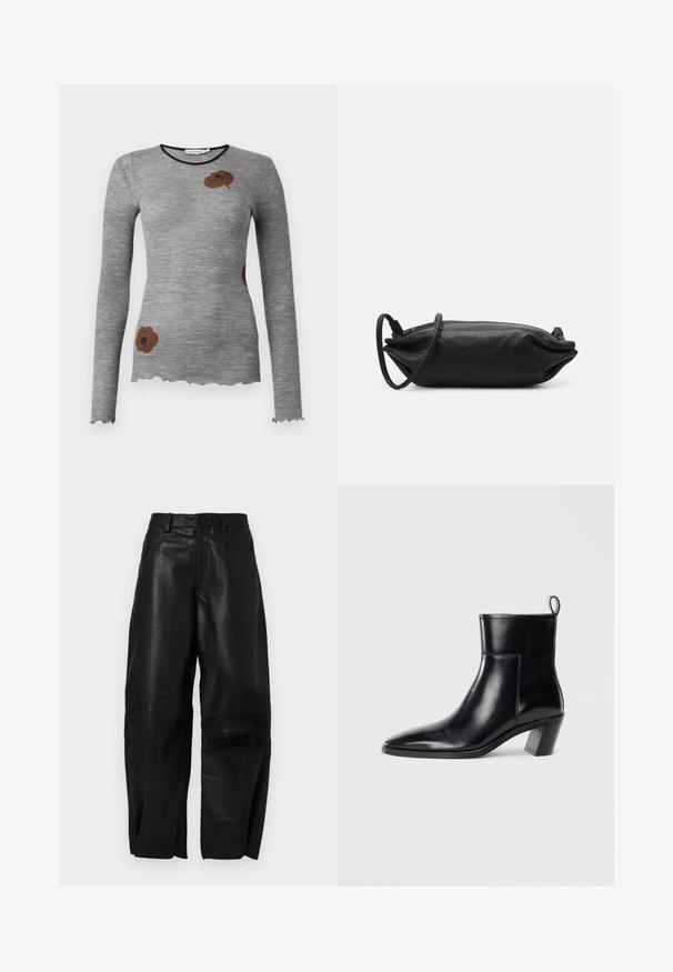 Grå, ribbad långärmad topp med rund halsringning och vågig nederkant, med en brun blommönster på framsidan.; Svarta läderbyxor med lös passform, med en rak bendesign, framfickor och synliga sömdetaljer.; Svart läderankelboot med spetsig tå, geometrisk staplad klack och dragflik på baksidan. Slät textur och eleganta linjer.; Svart läderkuvertväska med rektangulär form, slät yta, tunn axelrem och minimalistisk design.