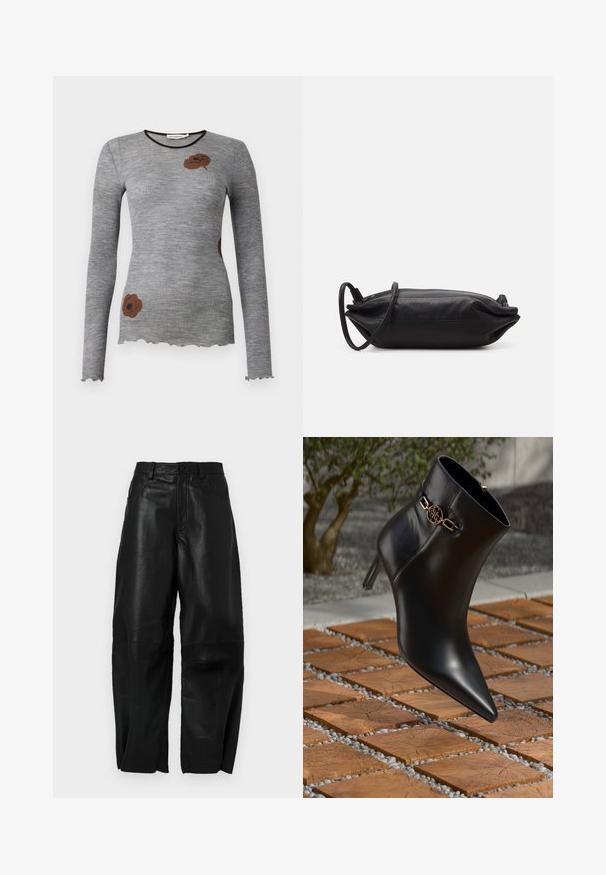 Grå, ribbad långärmad topp med rund halsringning och vågig nederkant, med en brun blommönster på framsidan.; Svarta läderbyxor med lös passform, med en rak bendesign, framfickor och synliga sömdetaljer.; Svart läderankelstövel med spetsig tå och liten klack. Har en guldkedjeaccent vid ankeln. Omgiven av en texturerad stenytan.; Svart läderkuvertväska med rektangulär form, slät yta, tunn axelrem och minimalistisk design.