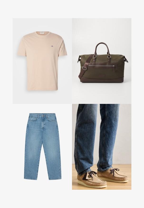 Svijetlosmeđa pamučna majica s okruglim izrezom. Sadrži mali izvezeni logo na lijevoj strani prsne šupljine. Ravni rub i kratki rukavi.; Svijetlo plave traperice ravnog kroja s pet džepova i blago izblijedjelom teksturom. Imaju kopčanje na gumb i patentni zatvarač.; Suede mokasine u bež boji s tamnosmešnim akcentima, zaobljenim vrhom i mekanim belim đonom. Sadrži dizajn sa vezanjem i šivanim detaljima.; Platnena torba u maslinastoj boji s smeškim kožnim detaljima, koja ima dva ručka, odvojivi remen za rame i prednji džep sa zip zatvaračem.