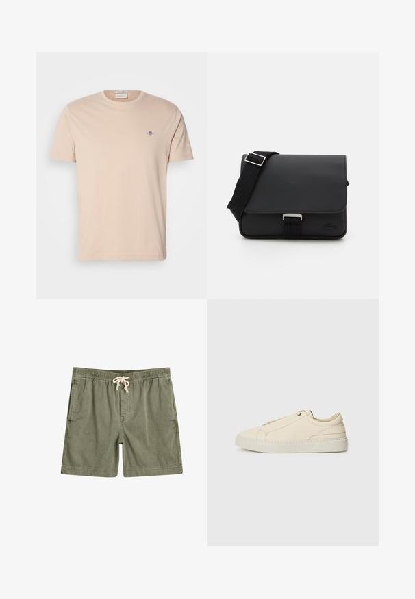 Heledbeez puuvillane T-särk ümmarguse kaelusega. Vasakul rinnal on väike tikand. Sirge alläär ja lühikesed varrukad.; Õlivilja rohelised lühikesed püksid pehmest kangast, millel on elastne vöökoht ja pael, kaks küljetaskut ja mugav lõige.; Beige nahkased kingad ümmarguse varbaga, minimalistlik disain, peened õmbluse detailid ja tekstureeritud pealispind, heledal tallal.; Mustmust värvi sõnumikott, mis on valmistatud tekstureeritud materjalist, klapi sulgemisega, reguleeritava rihmaga ja metallist tarvikutega. Ees on logo detail.