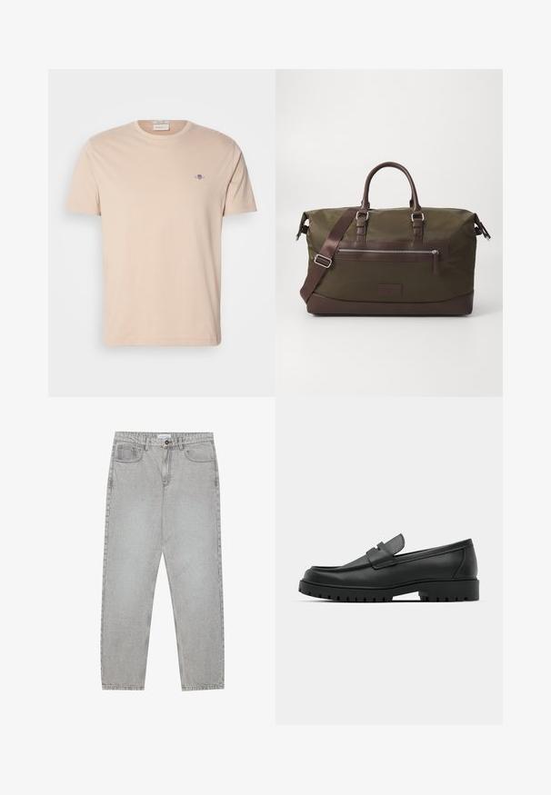 Camiseta de algodón color beige claro con cuello redondo. Presenta un pequeño logo bordado en el lado izquierdo del pecho. Doquier recto y mangas cortas.; Pantalones de mezclilla gris claro con un diseño de pierna recta, estilo de cinco bolsillos y cierre de botón. Costuras visibles a lo largo de las costuras.; Mocasines de cuero negro con punta redonda, que cuentan con un diseño cosido, suela de plataforma baja y una suela de goma texturada y con tacos.; Bolsa de lona tipo duffel en color verde oliva con acentos de cuero marrón, que presenta asas dobles, una correa de hombro desmontable y un bolsillo con cremallera en la parte frontal.