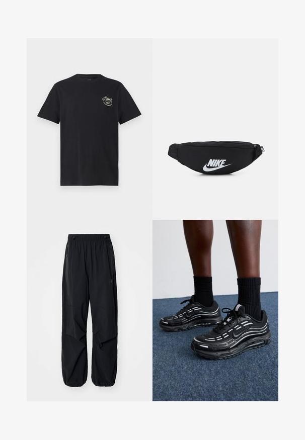Sort bomulds T-shirt med korte ærmer og rund halsudskæring. Har et lille hvidt grafisk tekstdesign på den øverste venstre brystområde.; Sorte letvægts cargo bukser med elastisk talje, sidelommer med lynlås og rummelige lommer. Har en løs pasform og tapered cuffs.; Sorte Nike sko har et mesh-overdel med accentstriber, tekstureret snørering og en sort gummisål. Båret med sorte ribbede sokker.; Sort nylon bæltetaske med lynlås, der har et stort hvidt Nike-logo. Glat tekstur og ergonomisk design for komfortabel bæring.