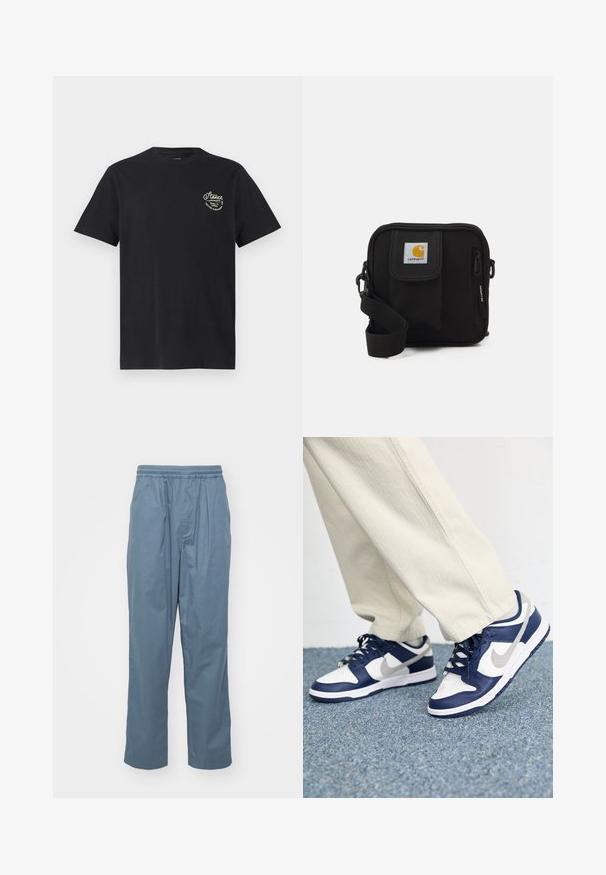 Tricou din bumbac negru cu mâneci scurte și guler rotund. Prezintă un mic design grafic din text alb în zona superioară stângă a pieptului.; Pantaloni de culoare bleu deschis, realizați din bumbac, cu un brâu elastic, pliuri în față și o siluetă relaxată. Textură netedă.; Tenisi Nike cu o schemă de culori albastru închis, alb și gri. Caracteristicile includ vârful perforat, șireturile și talpa din cauciuc texturat.; Geantă de umăr neagră, cu un compartiment principal cu fermoar, buzunar frontal, curea ajustabilă și un logo vizibil pe capac.