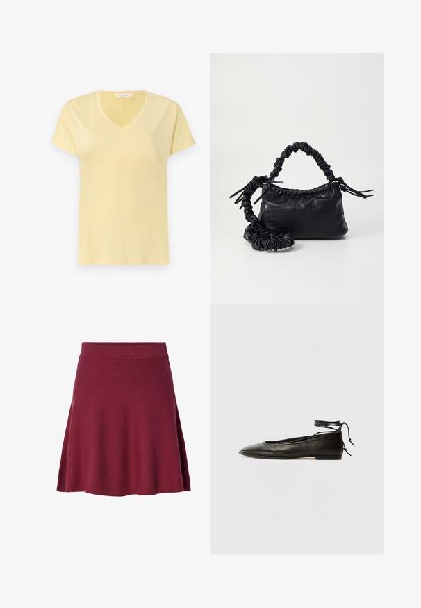 Lys gul bomulds t-shirt med v-hals og korte ærmer. Har en glat tekstur og enkelt design, uden mønstre eller udsmykninger.; Bordeaux knælang nederdel lavet af blødt, strækbart stof; udvidet design med en glat talje og ingen synlige lukninger eller mønstre.; Sorte læder ballerinaer med spids tå, ankelbinding og flad sål, der har en glat tekstur og minimalistisk design.; Sort kunstlæder håndtaske med krokodilteksur, indsnøret top og en sammenkrøben rem. Ser blød og kompakt ud i designet.
