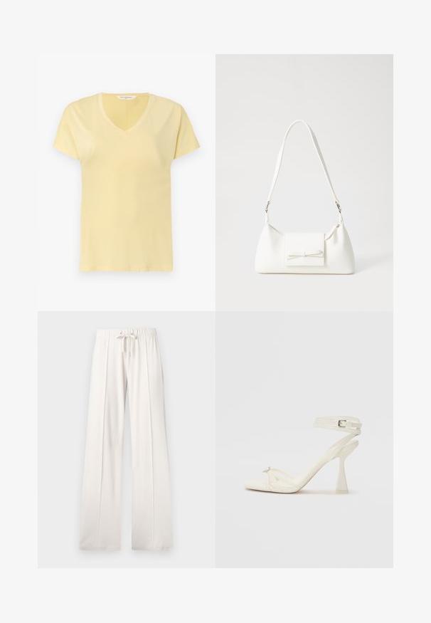 Vaalea keltainen puuvillapaita, jossa on V-pääntie ja lyhyet hihat. Ominaisuuksia ovat sileä pinta ja yksinkertainen muotoilu, ilman kuvioita tai koristeita.; Vaaleanbeiget collegehousut, joissa on pehmeä kangas, nyörikuja vyötäröllä, leveät lahkeet ja pystysaumat, sekä sileä pinta.; Valkoinen nahkainen strappisaapas, jossa on virtaviivainen muotoilu, läpinäkyvä lohko-osa ja koristeellinen elementti varpaassa.; Valkoinen synteettinen käsilaukku, jossa on kolmikulmainen muoto, tasainen etu läppä ja nauhadetail, säädettävä olkahihna, sileä rakenne ja minimalinen muotoilu.