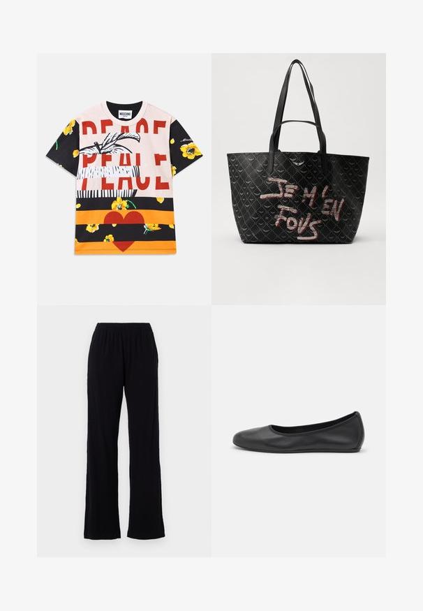 Pametna bombažna majica z grafičnim mešanjem cvetličnih vzorcev, odrgnjenim besedilom "PEACE" v rdeči barvi in z rigatnimi odseki v črni, oranžni in smetani barvi.; Črne, lahke, elastične hlače z ravnim krojem. Mehka tekstura brez vidnih vzorcev ali dodatkov. Preprost in vsestranski slog.; Črne usnjene balerinke z zaobljenim nosom, gladko teksturo, minimalnimi šivi in fleksibilno zasnovo podplata.; Črna torba z ramenskimi trakovi, izdelana iz teksturiranega materiala z diamantom vzorcem, ter drznim rdečim in belim besedilom "JE M'EN FOUS."