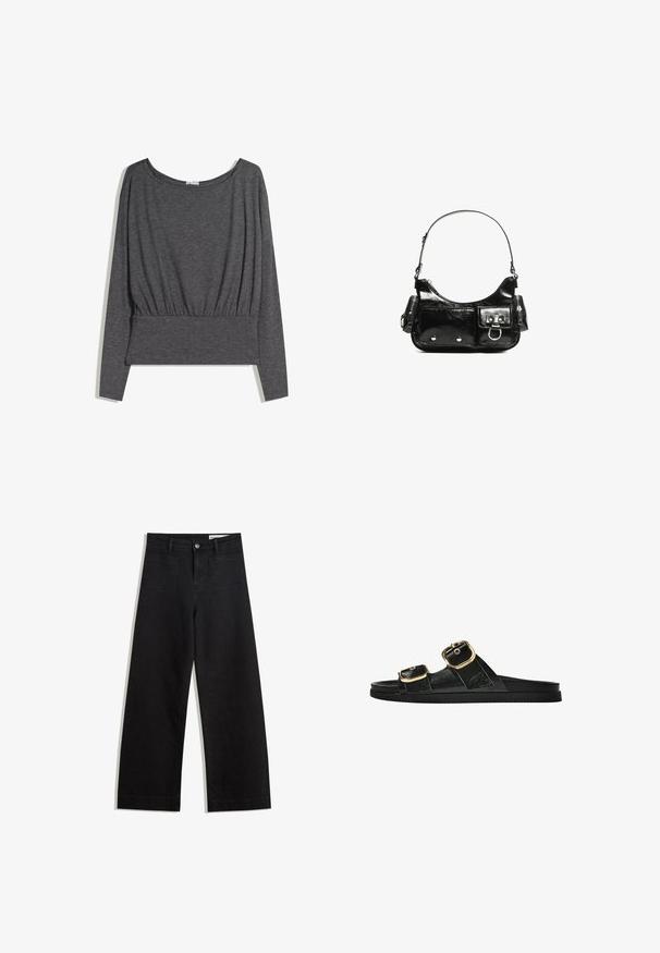 Tamno siva dugamadna majica od mekog materijala. Ima široki izrez i naborani rub, s lagano opuštenim krojem i rebrastim strukom.; Crne široke traperice s visokim strukom, s prednjim i stražnjim džepovima, šivenim šavovima i kopčanjem na gumb. Glatka tekstura.; Crne sandale na klizanje s dva zlatna akcenta u obliku kopči, glatkog teksturiranog materijala, ravnim potplatom i minimalističkim dizajnom.; Crna patentna kožna torba s zakrivljenim oblikom, jednim remenom za rame, prednjim džepovima i akcentima od srebrnog tona.
