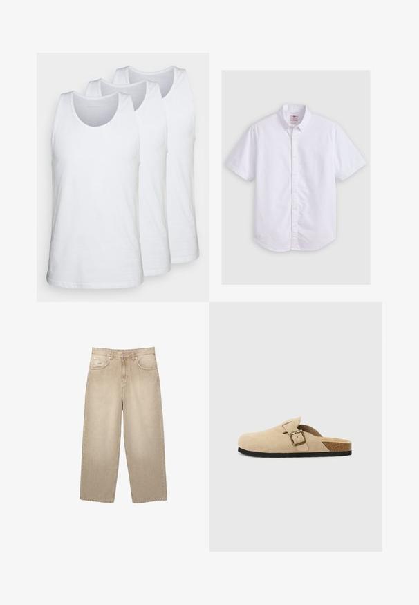 Pakke med tre hvide tanktoppe lavet af bomuld, med rund halsudskæring og uden ærmer, glat tekstur og standard pasform.; Kortærmet hvid skjorte i bomuld, med krave der kan knappes ned, subtil tekstur, buet kant og traditionel knaplukning.; Beige brede denim jeans med høj talje, der har en fransede kant, to frontlommer og subtile syninger.; Beige ruskinds-sandaler med korkfodseng, rund tå og en enkel rem med en guldfarvet spænde. Gummisål for godt greb.