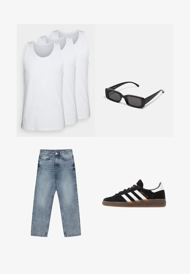 Balenie troch bielych tielok vyrobených z bavlny, s okrúhlym výstrihom a bezrukávovým dizajnom, hladkou textúrou a štandardným strihom.; Svetlomodré džíny s rovnými nohavicami, viditeľným prešívaním, dizajnom s piatimi vreckami a zapínaním na gombík v oblasti pása.; Čierne tenisky Adidas so bielymi pruhmi, zlatým textom "Spezial", gumenou podrážkou a bielym zadným pútkom, zobrazené z bočného pohľadu.; Čierne obdĺžnikové slnečné okuliare s tmavými šošovkami, lesklým povrchom, širokými ramenami a robustným rámovým dizajnom. Vygravírované meno značky na jednom ramene.