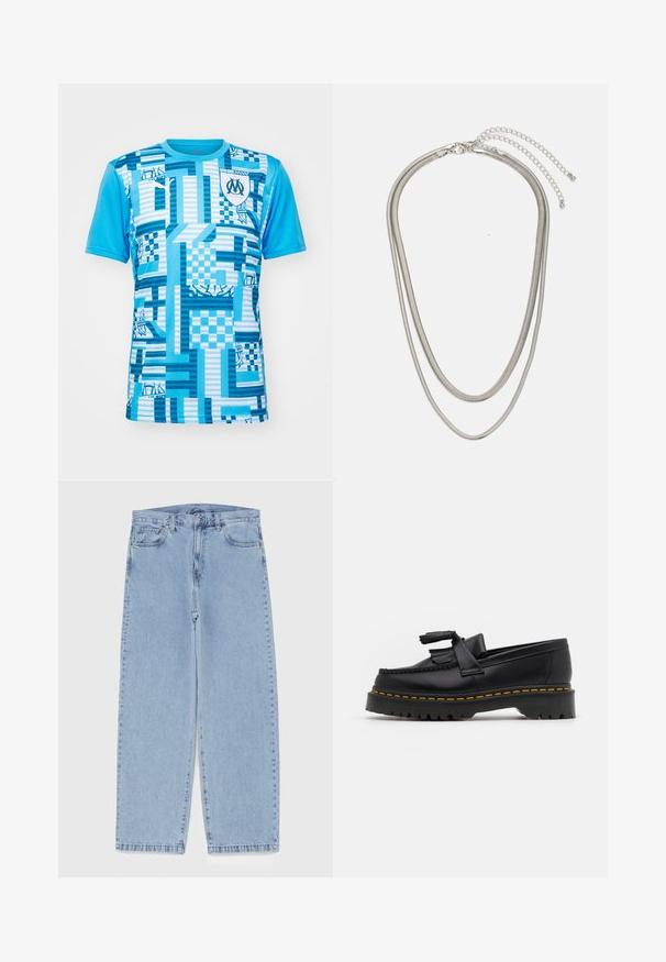 Lühikeste varrukatega sinine spordisärk, millel on geomeetriline muster erinevates sinistes toonides, ees on logo ja kontrastreeruvad tekstuurid.; Heled sinise denimi sirgete põlvede lõikega teksad, millel on keskmise kõrgusega vöökoht, viis taskut ning nööbid ja tõmblukk.; Mustmust musta loafer, millel on frantsiisi aktsent, paks must tald ja kollane õmblus servas. Tekstuuriga viimistlus.; Kolmekihiline hõbedane metallkaelakee, mis on valmistatud peentest, paindlikest kettidest kerge läikega, kinnitatud krabi sulguri ja reguleeritava ketiga.