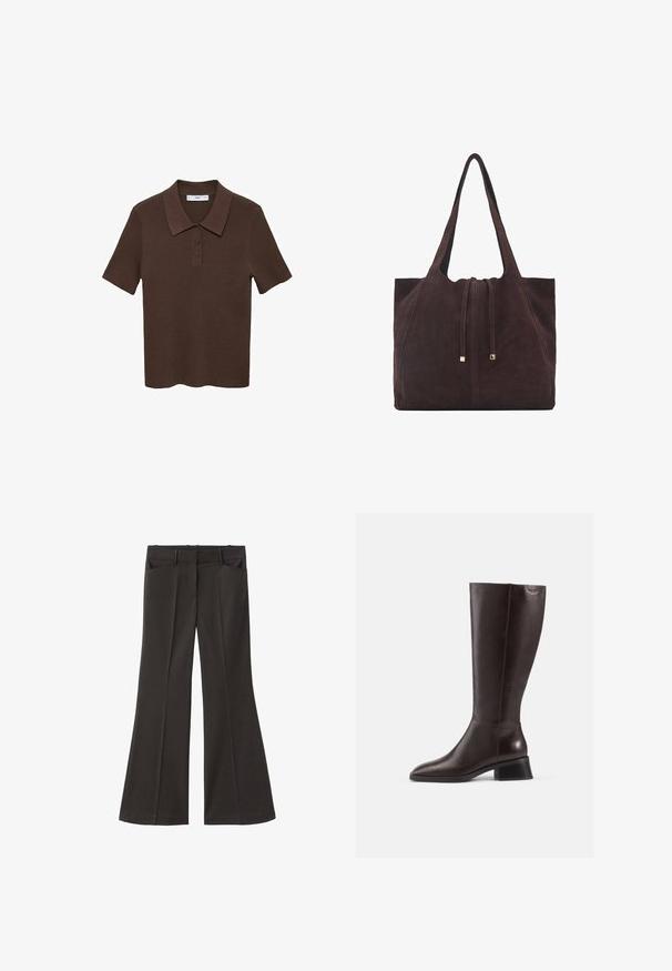 Hnědá polokošile s krátkým rukávem vyrobená z ribstého materiálu, s límcem a zapínáním na tři knoflíky. Disponuje jednobarevným designem a volným střihem.; Černé rozšířené kalhoty s vysokým pasem; mají dvě přední kapsy a hladkou texturu látky. Vhodné pro různé příležitosti.; Hnědé kožené boty po kolena s hladkým povrchem, kulatou špičkou a černým podpatkem. Jednoduchý design s minimem kovových detailů.; Mango Velká kabelka - dark brown