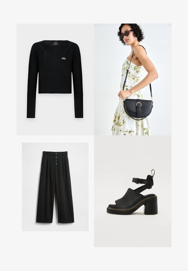 Schwarzes langärmliges Crop-Top aus Baumwolle mit rundem Ausschnitt und weißem gesticktem "GAP"-Logo auf der Brust. Glatte Textur.; Schwarze weit geschnittene Hosen aus einem strukturierten Stoff. Sie verfügen über eine hohe Taille, einen fünfknöpfigen Frontverschluss und gepresste Falten für zusätzliche Details.; Schwarze Absatzsandalen mit offener Zehe, verstellbarem Knöchelriemen, glattem Lederobermaterial und strukturiertem Gummisohle mit gelben Nähdetails.; Schwarze Lederhandtasche mit geschwungener Form, abnehmbarem Tragegurt und goldenen Beschlägen. Die Tasche verfügt über einen Deckel mit einer Schnallen-Details.