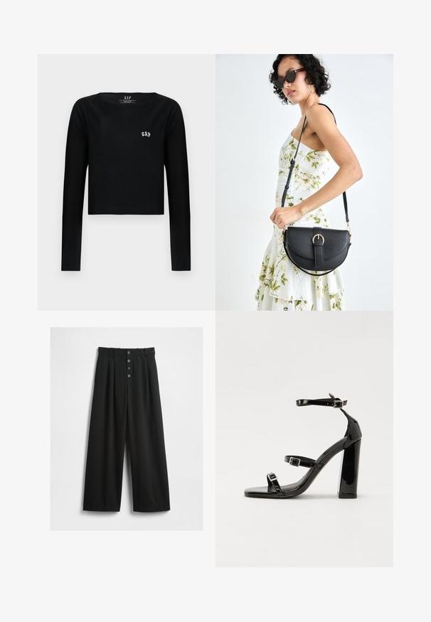 Črn dolg rokav prirezani zgornji del iz bombaža z okroglo ovratnico in belim izvezenim logotipom "GAP" na prsih. Gladka tekstura.; Široke črne hlače iz teksturirane tkanine. Imajo visok pas, sprednje zapiranje na pet gumbov in pregibne plošče za dodatne detajle.; Črne lakaste sandale z visokimi petami, z dvema trakovoma z zaponkama, kvadratnim sprednjim delom in masivno širšo peto, z gladko, sijočo teksturo.; Črna usnjena torbica s ukrivljeno obliko, z odstranljivo naramnico in zlatimi dodatki. Torbica ima pokrov s podrobnostmi v obliki zaponke.