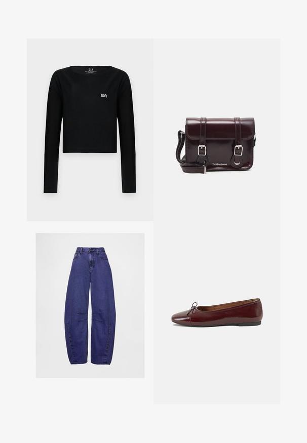 Must have varrukatega must crop-top, mis on valmistatud puuvillast, ümmarguse kaelusega ning valge broderiga "GAP" logo rinnal. Sile tekstuur.; Kõrge vöökohaga, lõdva lõikega lilla denimist teksapüksid esi-taskutega, nööbiga kinnitamine ja õmmeldud detailid põlve piirkondades.; Burgundi patendnahk kingad balletitüüpi, ümmarguse ninaosa, ees väike paelaaktsent ja madal must kummist tald. Sile tekstuur.; Burgundi värvi patendiga nahast risti koti, millel on ristkülikuline kuju, kaks rihma, hõbedased detailid ja klapi sulgur.