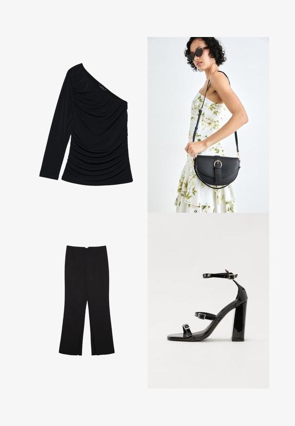 Zwarte lange mouwen top met een off-shoulder ontwerp, textuur ruching aan de voorkant en een gladde stofafwerking.; Zwarte broek met een rechte pasvorm, voorzien van zijzakken en plooien aan de onderzijde. Gemaakt van zachte, gladde stof. Geschikt voor verschillende gelegenheden.; Zwarte patent lederen sandalen met hoge hakken, twee gespenbanden, een vierkante neus en een stevige blokhak, met een gladde, glanzende textuur.; Zwarte leren handtas met een gebogen vorm, afneembare schouderband en gouden hardware. De tas heeft een klep met een gespsluiting.