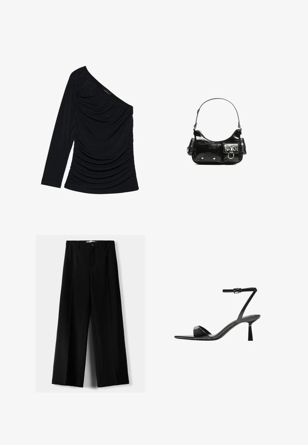 Zwarte lange mouwen top met een off-shoulder ontwerp, textuur ruching aan de voorkant en een gladde stofafwerking.; Zwarte wijde broek van lichtgewicht stof, met een knoopsluiting aan de voorkant en een vlakke achterkant, afgewerkt met keurig gestikte zoom.; Bershka Sandalen met hoge hak - black; Zwarte laarzen in lakleer met een gebogen vorm, één schouderband, voorvakken en accenten in zilverkleurig metaal.